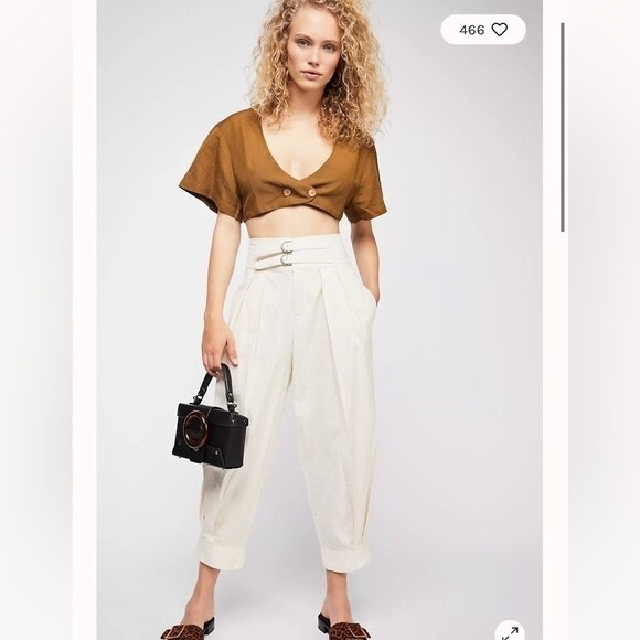 Free People Double Buckle Trouser Pants Ivory Cream Cotton Old Money Size 10 - Picture 1 of 10